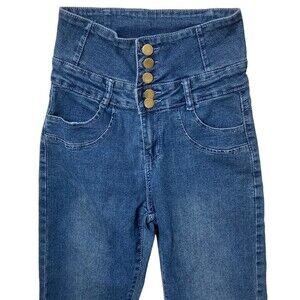 WOMEN'S‎ Super High Waist Button Jeans Denim Skinny Blue Wash Size Small Stretch